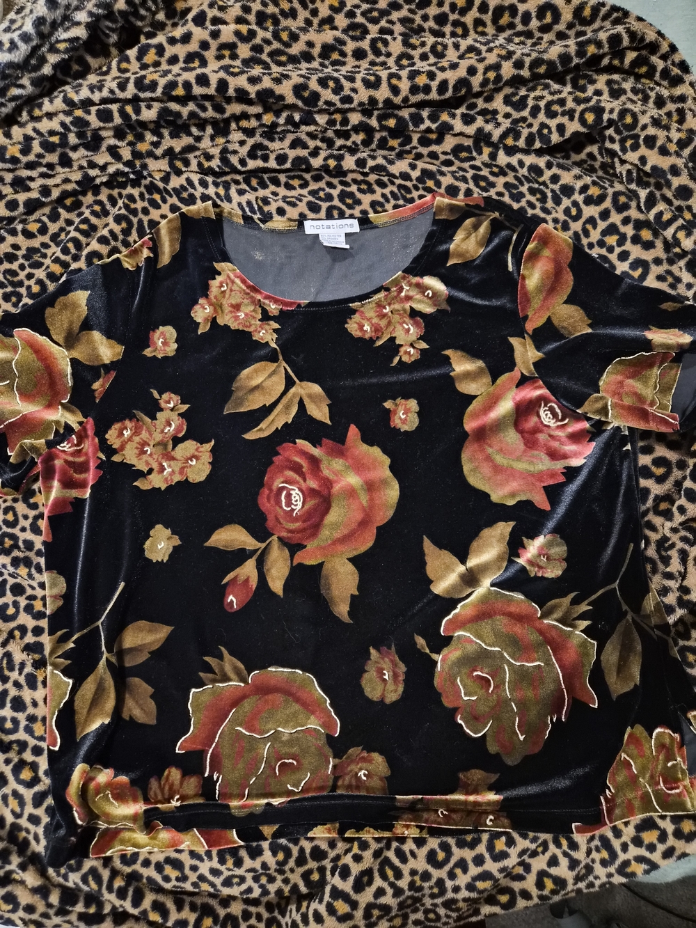 Notations Black Velvet Floral  Top with Red and Gold Roses